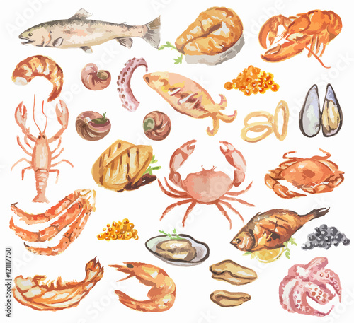 Watercolor seafood set. All kinds of sea animals as lobster, shrimp, salmon and more. Fresh and healthy food.