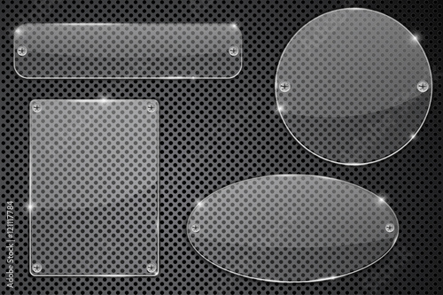 Transparent glass plate on metal background