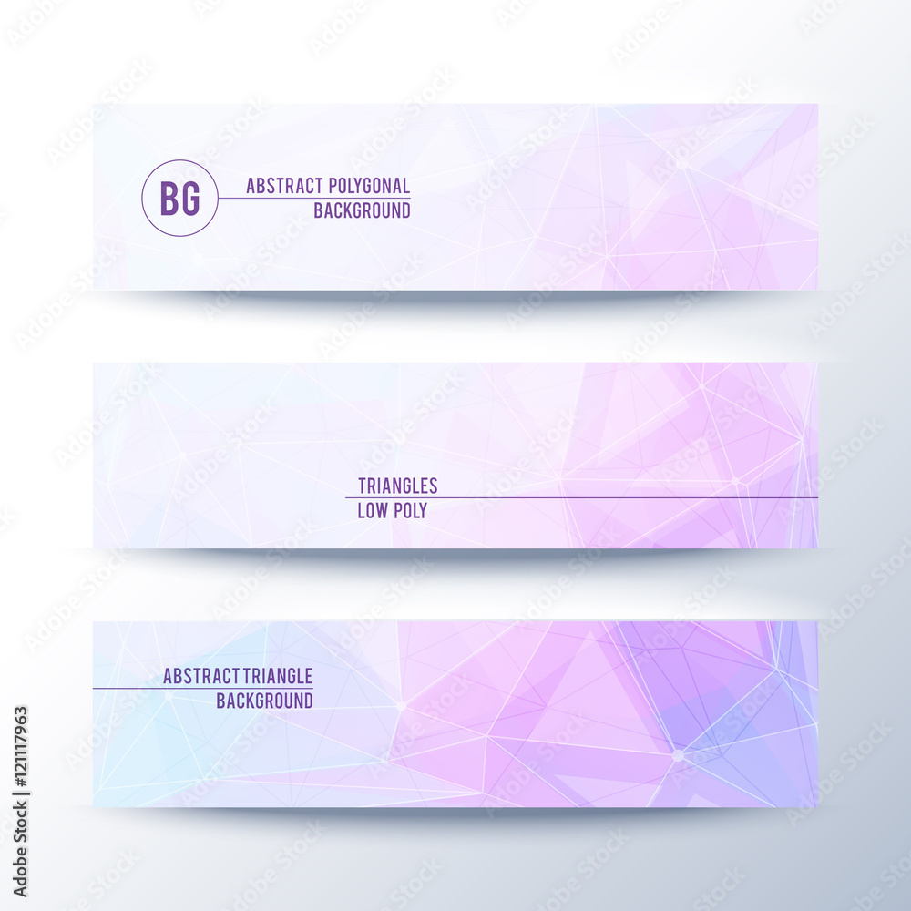 Fototapeta premium Set of horisontal abstract low poly geometric banners with triangles in light pink