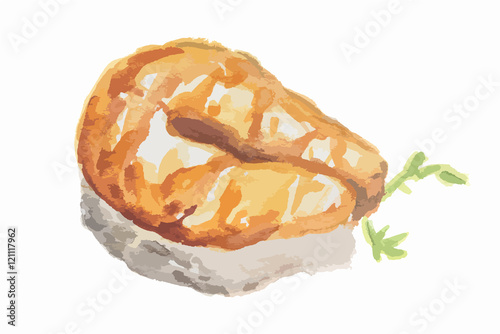 Watercolor salmon steak on white background. Healthy seafood with vitamons. Restaurant meal with parsley.