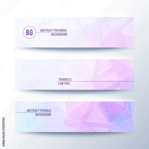 Set of horisontal abstract low poly geometric banners with triangles in light pink