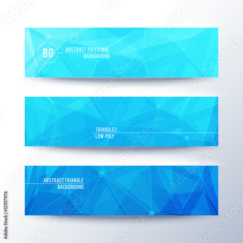 Set of horisontal abstract low poly geometric banners with triangles in blue