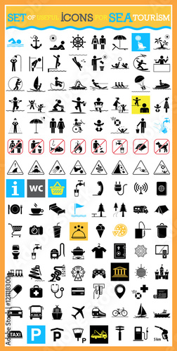 Very useful and usable set of icons for sea tourism. Collection of premium quality pictograms.