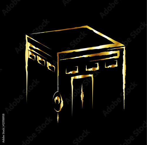 Vector. Isolated illustration of Kaaba, Mekkah. Saudi Arabia. Islamic sacred mosque Al Haram. Golden.