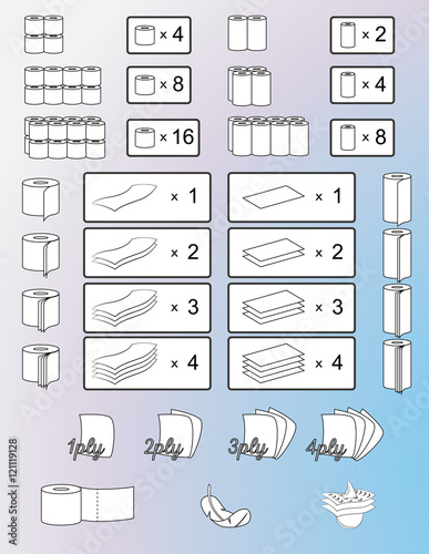 Set of toilet paper and paper towels packaging signs, symbols and icons. Isolated illustration. Vector.