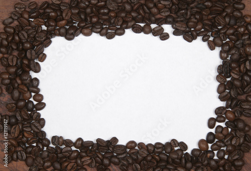 Coffee seeds frame border background. Top view.