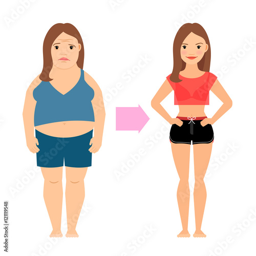 Women weight loss success. Fat and slim woman before and after diet vector illustration