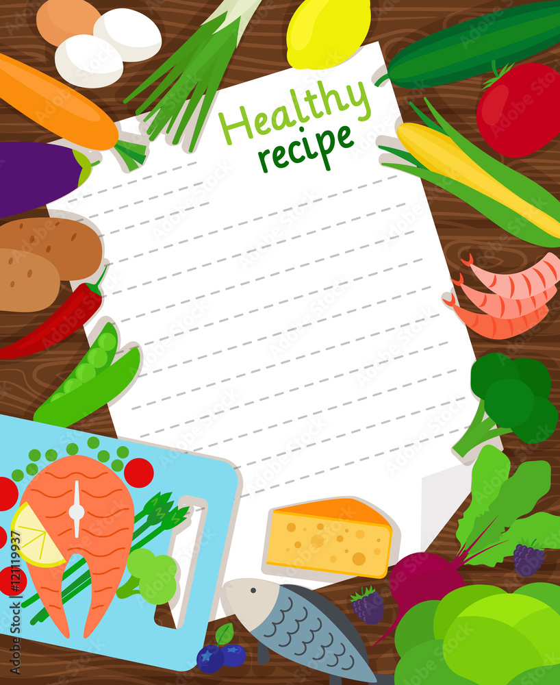 Fototapeta premium Healthy food cooking recipe paper vector blank template