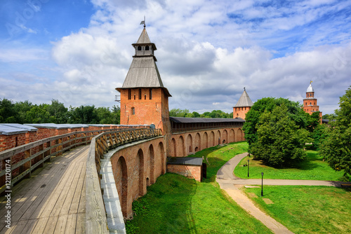 Red brick walls and towers of Novgorod, Russia