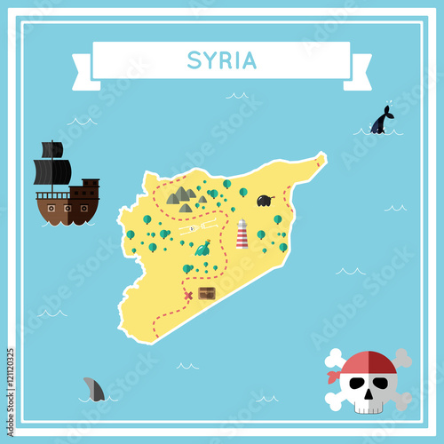 Flat treasure map of Syrian Arab Republic. Colorful cartoon with icons of ship, jolly roger, treasure chest and banner ribbon. Flat design vector illustration.