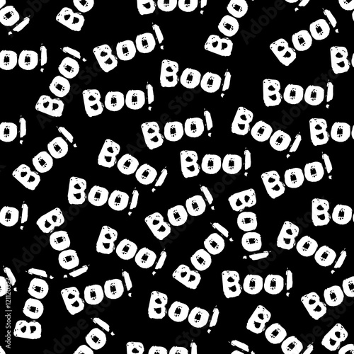 Halloween tile vector pattern with white boo text on black background