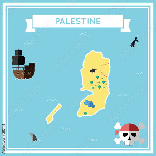 Flat treasure map of Palestine. Colorful cartoon with icons of ship, jolly roger, treasure chest and banner ribbon. Flat design vector illustration.