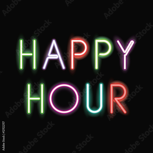Happy hour neon font icon. Text typography decoration and advertising theme. Colorful design. Vector illustration