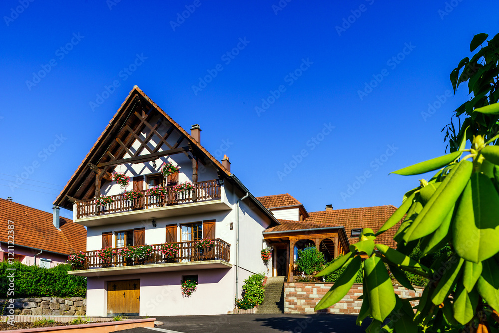 Beautiful guesthouse with terrace in Alsace, France. Alpine styl