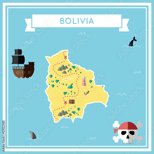 Flat treasure map of Bolivia. Colorful cartoon with icons of ship, jolly roger, treasure chest and banner ribbon. Flat design vector illustration.