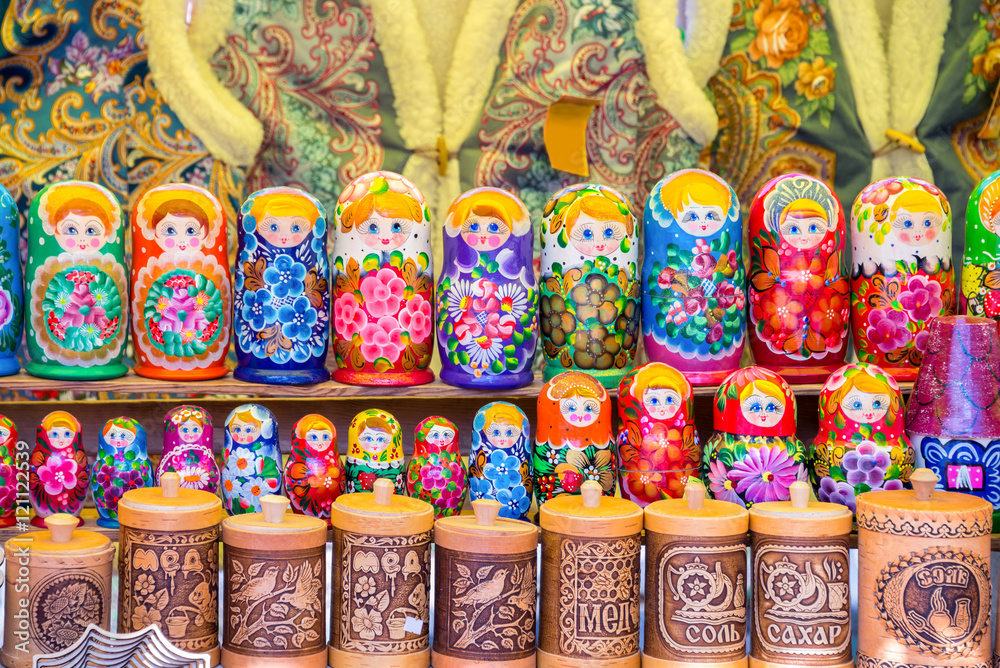 Display of colorful russian dolls (matryochkas) in Russia