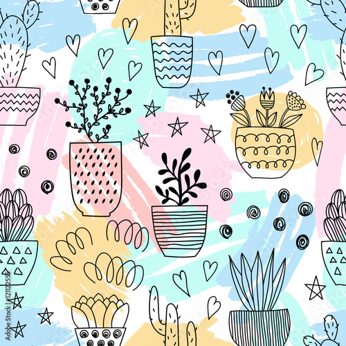 Seamless pattern with colorful cute elements. Potted plants. Cartoon style. Vector illustration.
