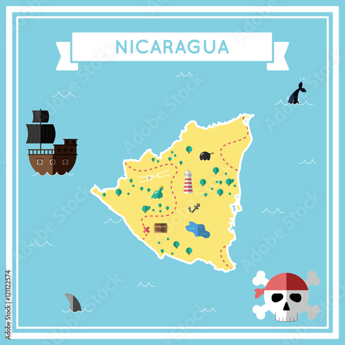 Flat treasure map of Nicaragua. Colorful cartoon with icons of ship, jolly roger, treasure chest and banner ribbon. Flat design vector illustration.