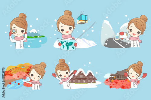 cartoon woman travel happily