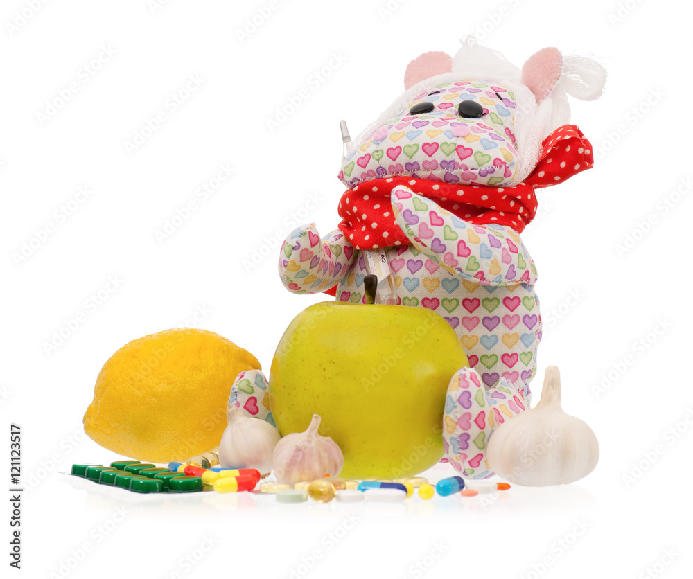 Obraz premium Cute toy hippopotamus with pills - handmade, isolated on white background