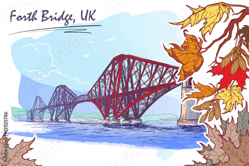 Forth Bridge painted sketch in autumn leaf frame