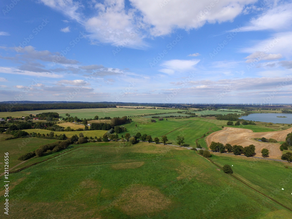 aerial view of  agricultural fields and lakes in germany