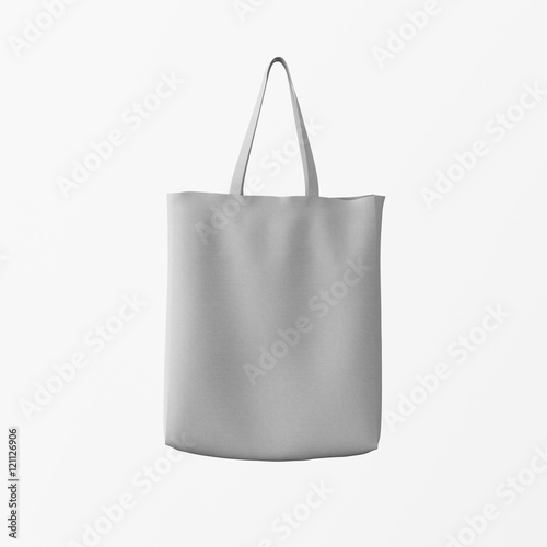 Closeup Gray Cotton Textile Bag Hanging Center White Empty Background.Isolated Mockup Highly Detailed Texture Materials.Space for Business Message. Square. 3D rendering.