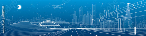 Infrastructure panorama. Car overpass, city skyline, urban scene, plane takes off, train move, transport illustration, mountains, white lines on blue background, vector design art