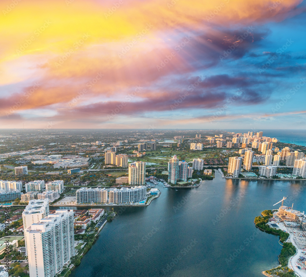 Skyline of Miami Beach, overhead view at dusk Skyline of Miami Beach, overhead view at dusk