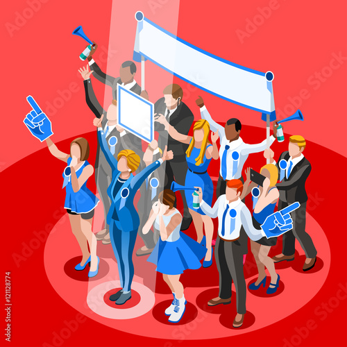Us Election 2016 infographic Democrat fan supporter group crowd. Usa Presidential debate party protest vote convention. Trump GOP opponent rally. Vector Flat audience usa congress tribune endorsement