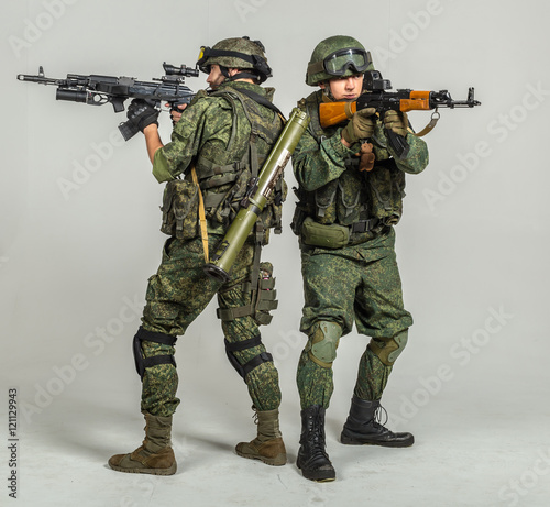 Group of russian soldiers on white background
