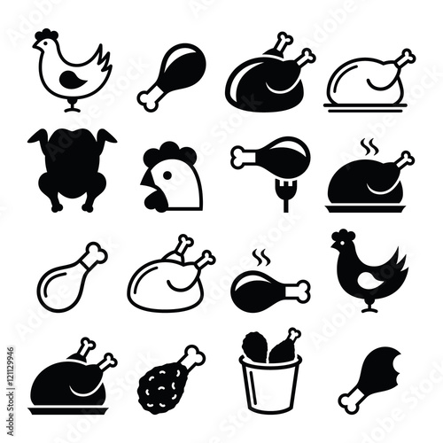 Slika na platnu Chicken, fried chicken legs - food icons set