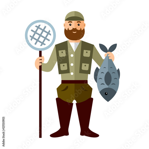 Vector Fishing concept. Fisherman with big fish. Flat style colorful Cartoon illustration.