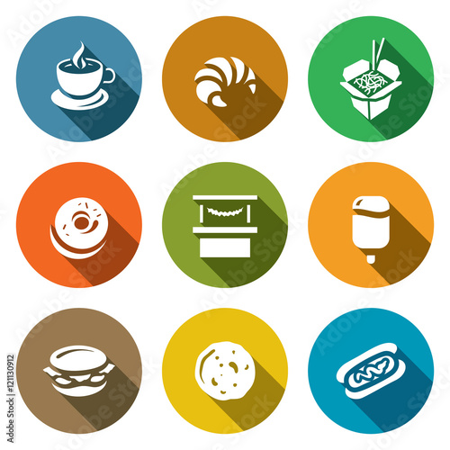 Vector Set of Street Fast Food Icons. Coffee, Croissant, Chinese Noodle, Donut, Shop, Ice Cream, Burger, Pancake, Hotdog.