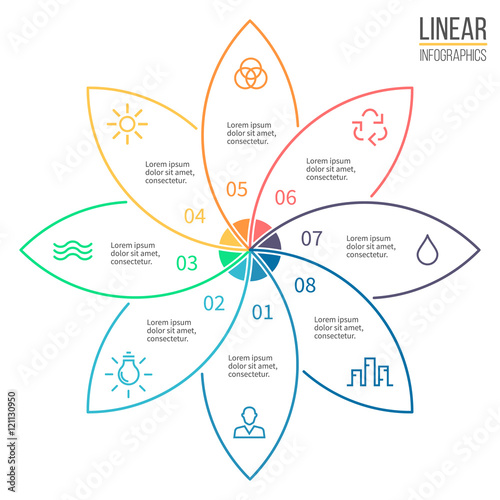 Pie chart with 8 petals. Vector design element.