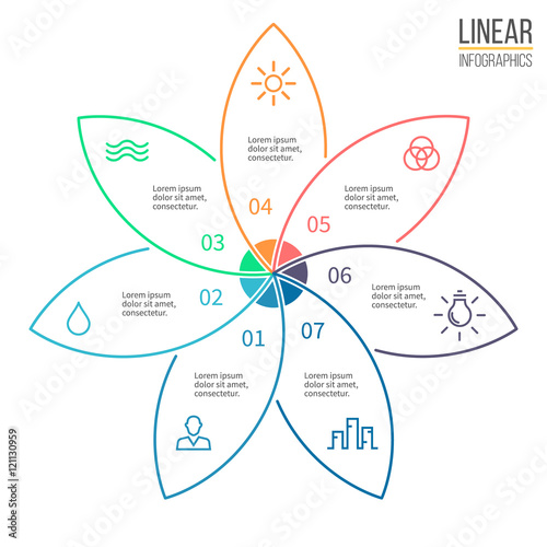 Pie chart with 7 petals. Vector design element.