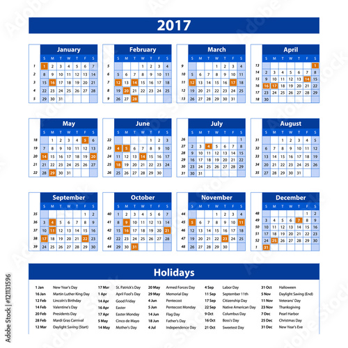 2017 Calendar - illustration blue Vector template of 2017 calendar
