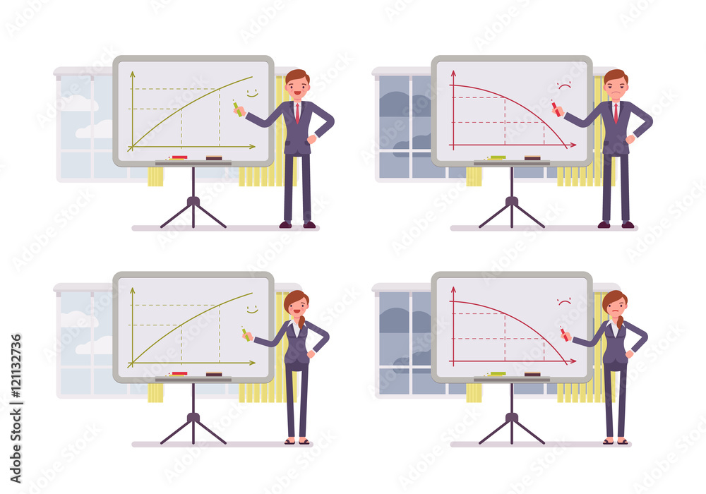 Man and woman points to positive and negative charts on the blackboard. Cartoon vector flat-style concept illustration Man and woman points to positive and negative charts on the blackboard. Cartoon vector flat-style concept illustration