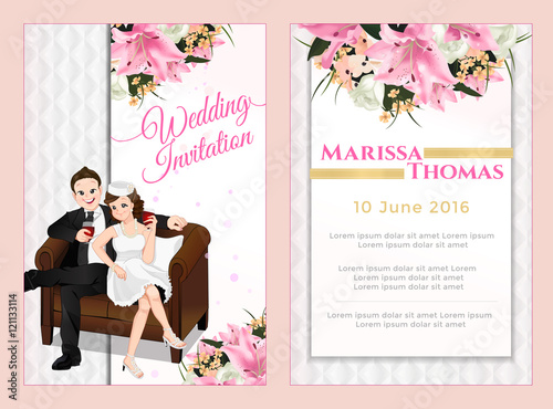 Luxury-modern invitation card, lovely couple sitting on sofa and drinking with flower and victorian theme