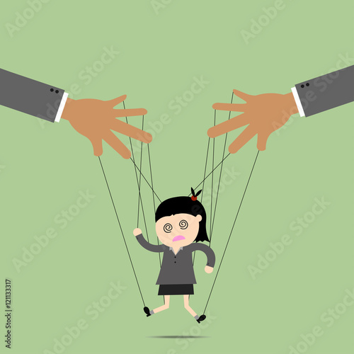 Businesswomen puppet on ropes. Business manipulate behind the sc