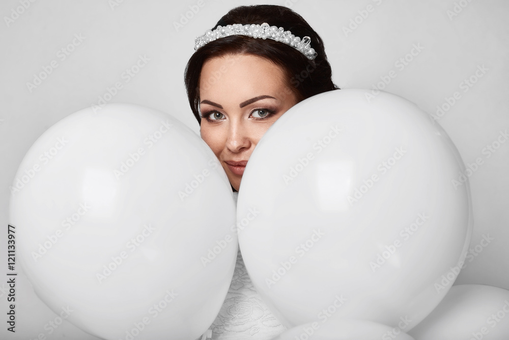 Beautiful fashion model girl with white balloons Beautiful fashion model girl with white balloons