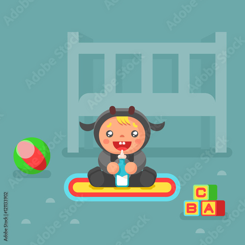 Happy child drinking milk cow costume nursery flat design vector illustration