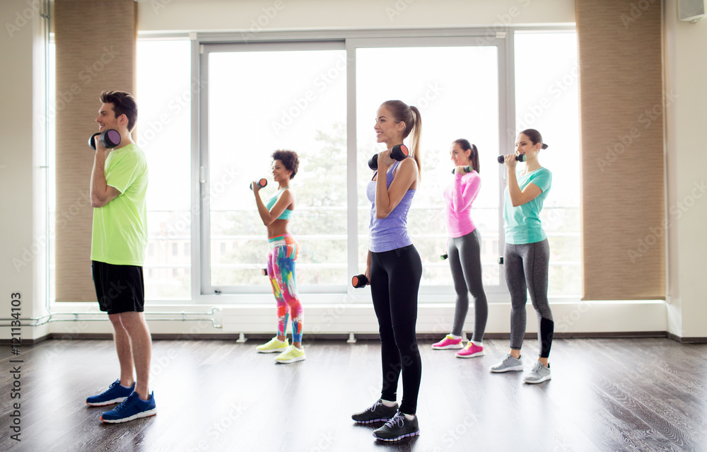 Fototapeta premium group of smiling people exercising with dumbbells
