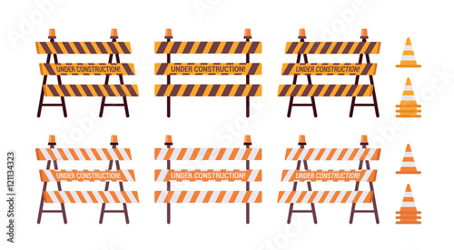 Set of roadblock with light and cone isolated against the white background. Cartoon vector flat-style illustration