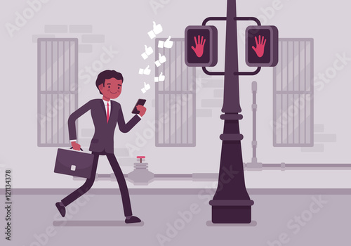 Man walks with a smartphone to crash into a pole. Cartoon vector flat-style concept illustration