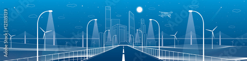 Infrastructure panorama. Highway. Road lighting lanterns. Business center, architecture and urban illustration, neon city, white lines composition, skyscrapers and towers, vector design art