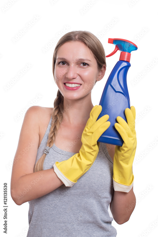 Smiling woman holding bottle of chemistry for cleaning house Smiling woman holding bottle of chemistry for cleaning house
