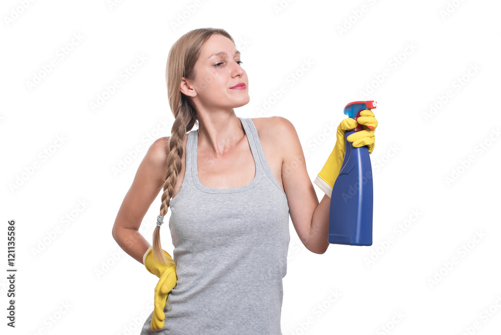 Smiling woman holding bottle of chemistry for cleaning house Smiling woman holding bottle of chemistry for cleaning house