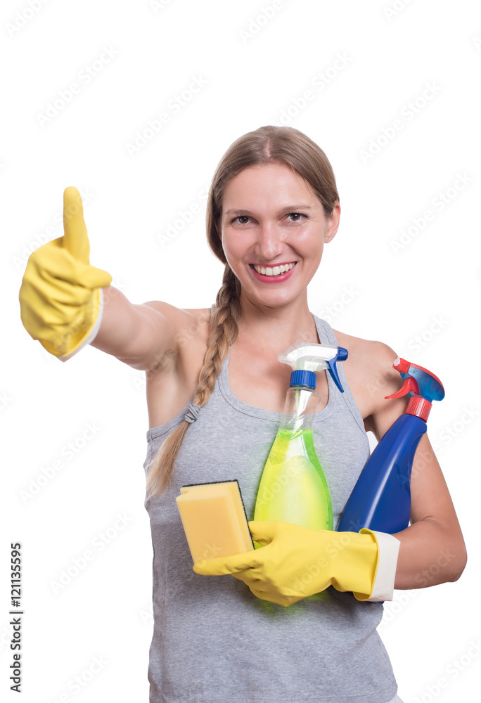 Smiling woman holding bottle of chemistry for cleaning house Smiling woman holding bottle of chemistry for cleaning house