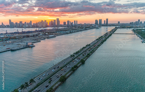 Miami causeway from the air. Aerial view of Florida coastline